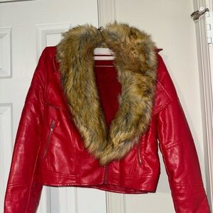 Faux Red Leather Jacket with Plush Fur Collar and Fitted Silhouette